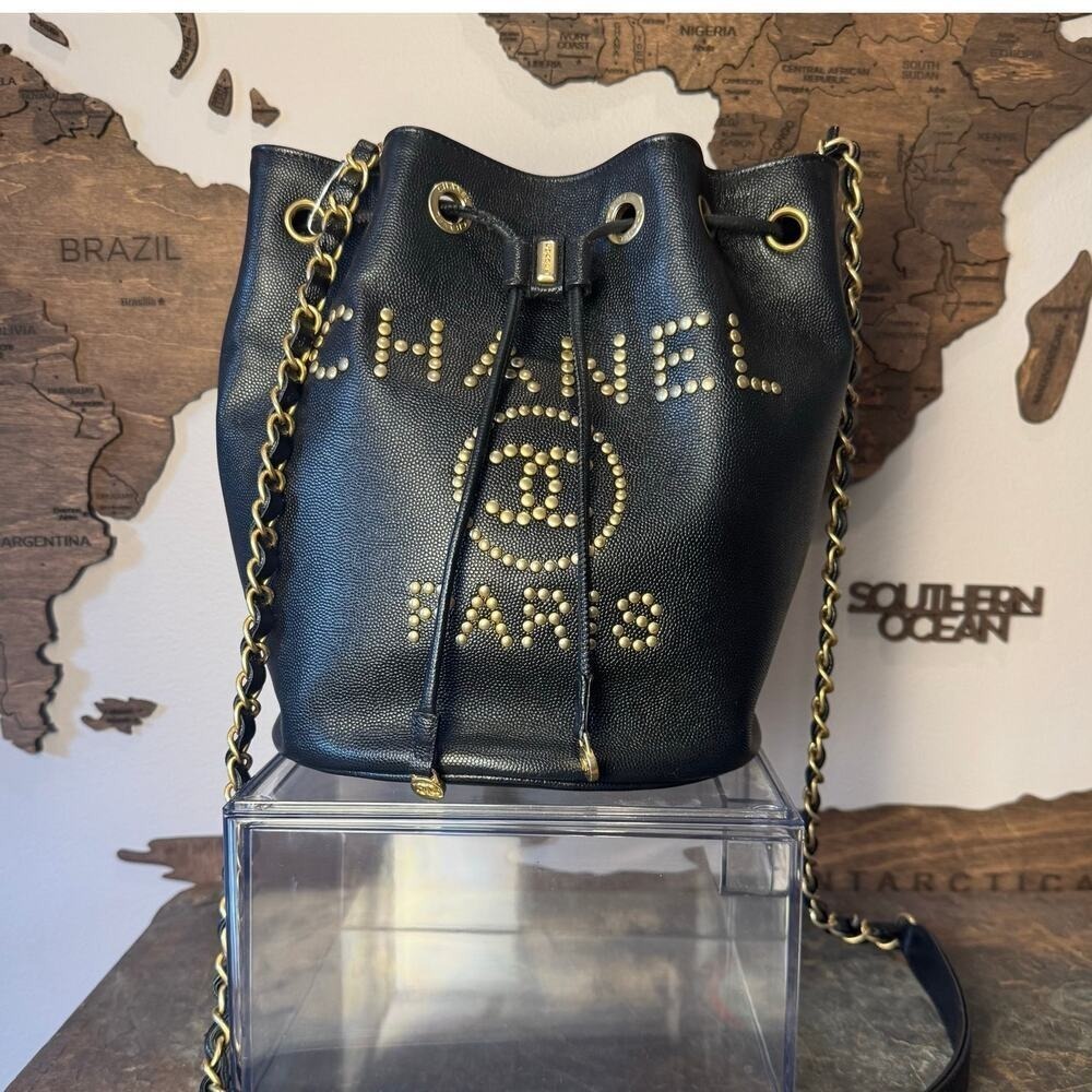 Chanel Paris Black Studded Caviar Leather Bucket Crossbody Bag GHW Authentic CoA